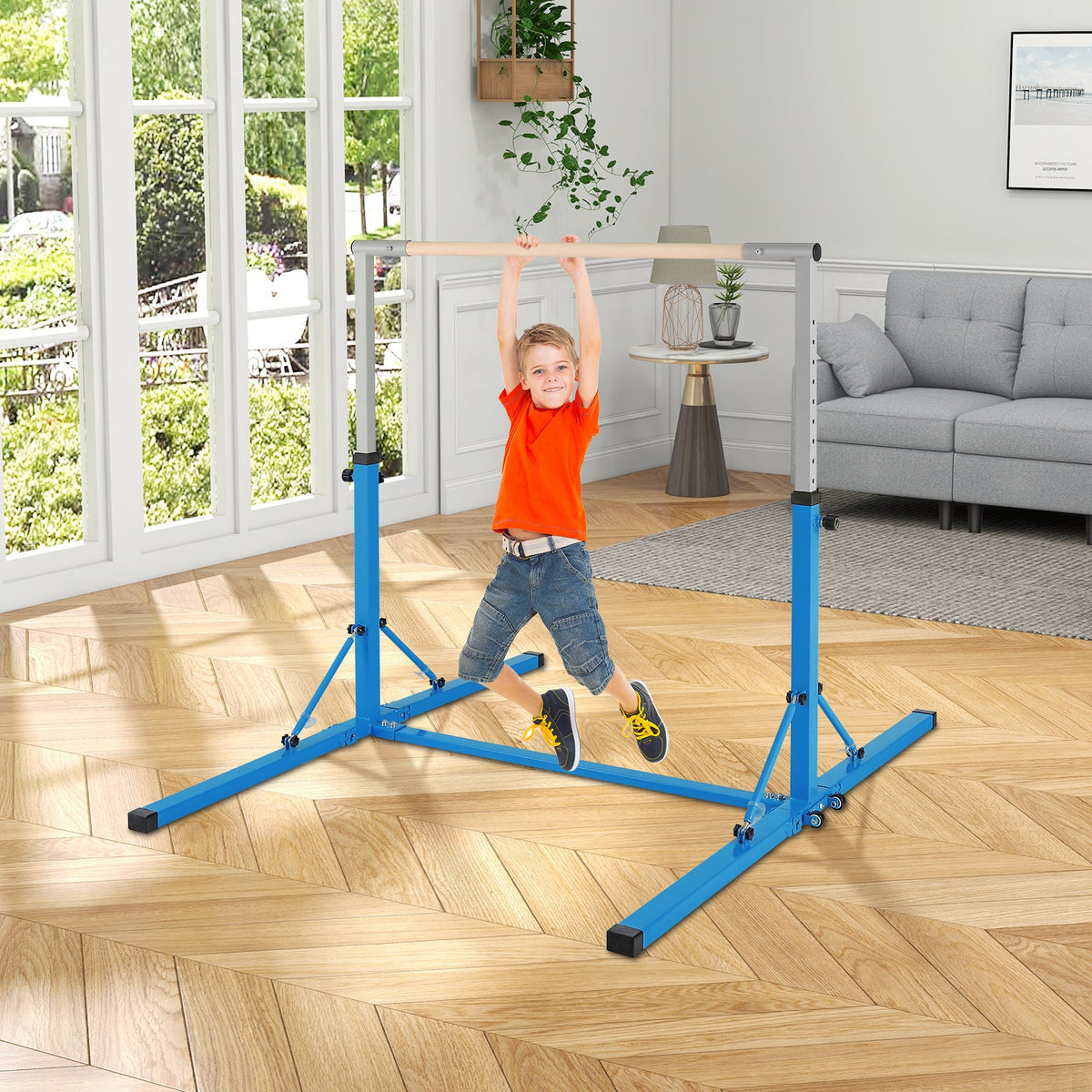 Kids Foldable Gymnastics Bar with 13 Adjustable Height-Blue