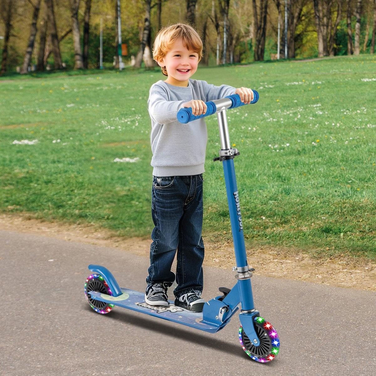 Foldable Kids Scooter Adjustable with Lighted Wheels and Kickstand-Blue
