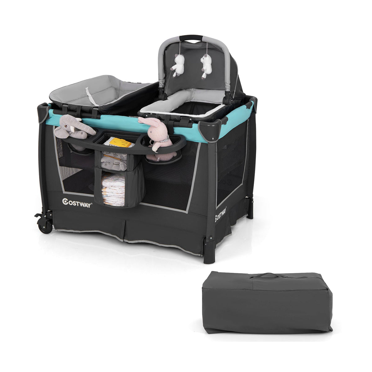 5-in-1 Foldable Pack and Play with Removable Bassinet-Green