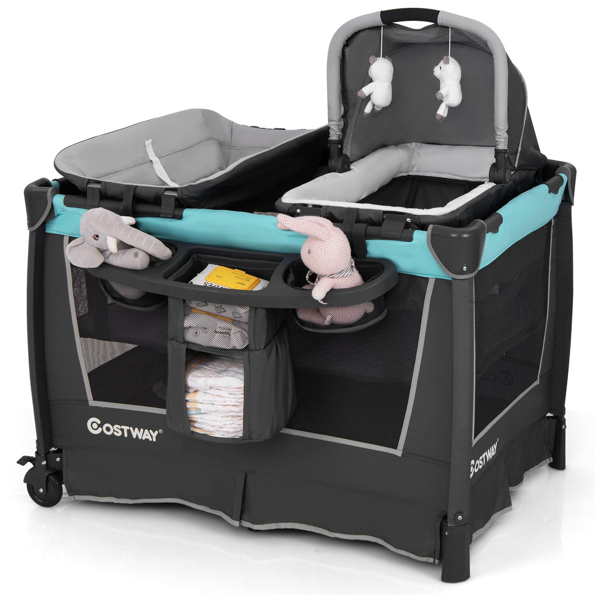 5-in-1 Foldable Pack and Play with Removable Bassinet-Green