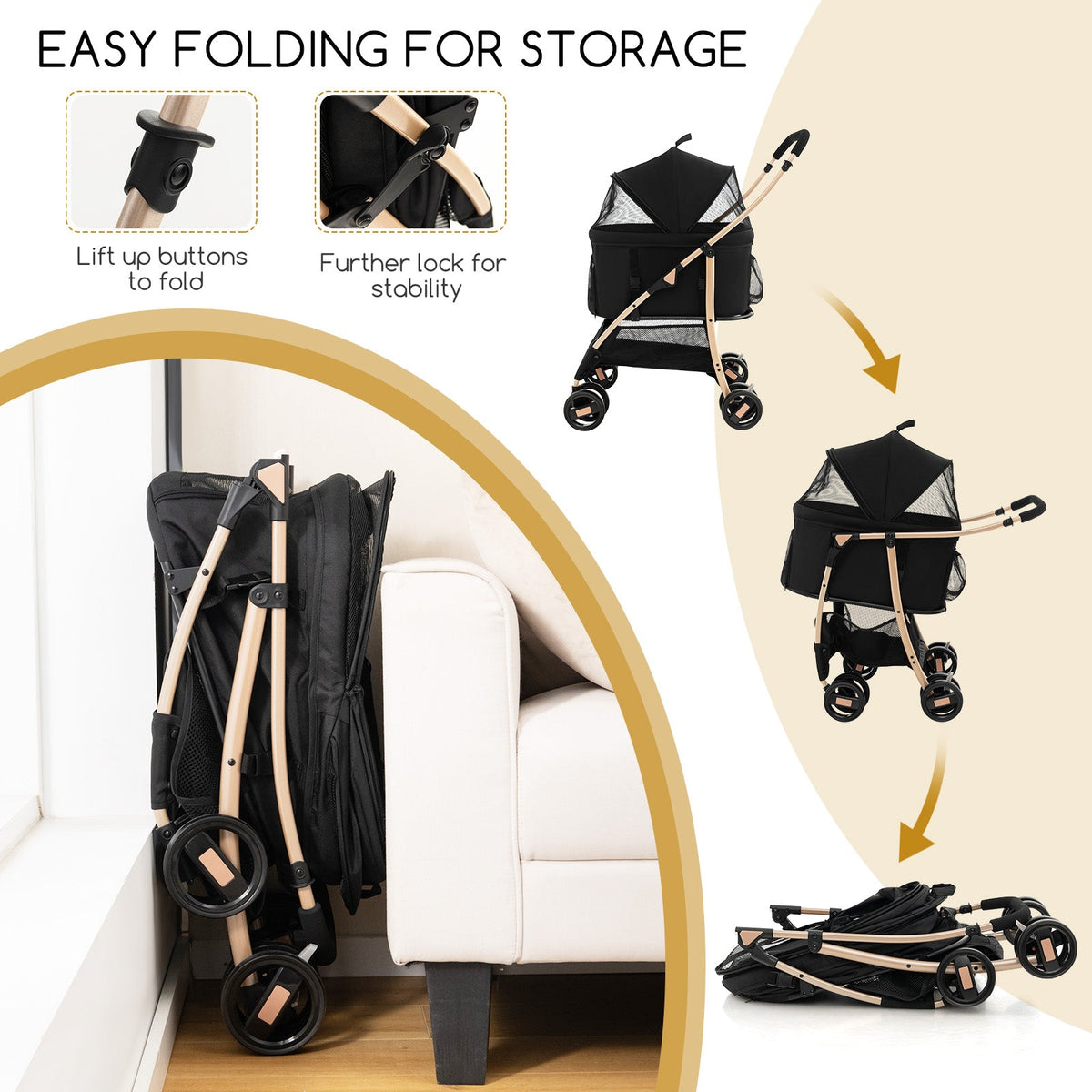 Foldable Pet Stroller with 4-Level Adjustable Canopy and Storage Basket-Black