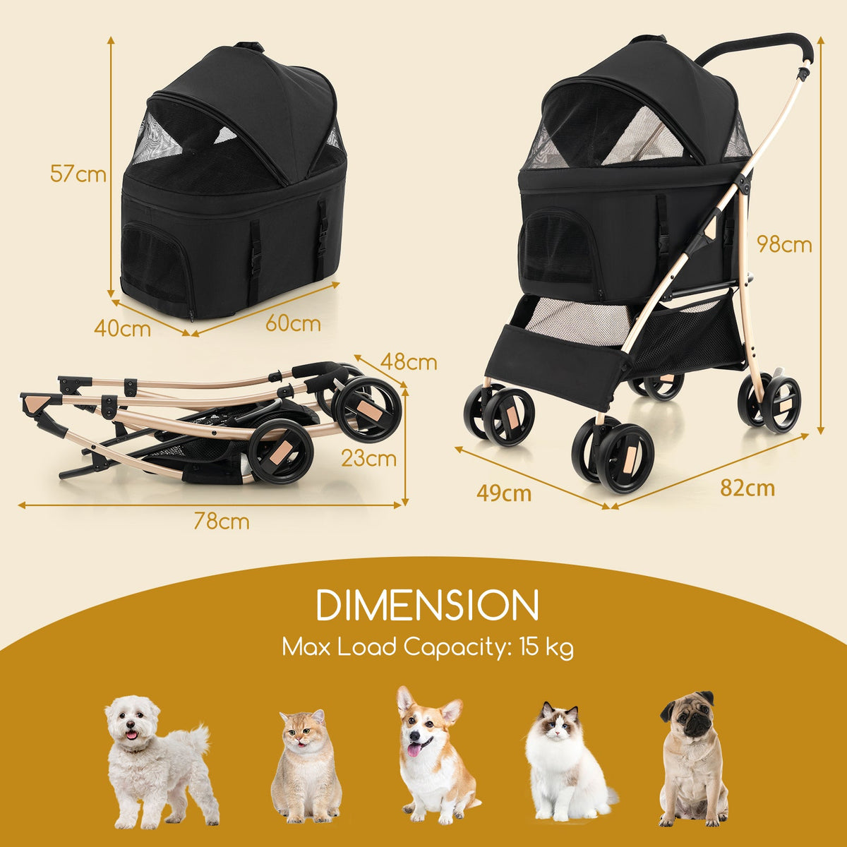 Foldable Pet Stroller with 4-Level Adjustable Canopy and Storage Basket-Black