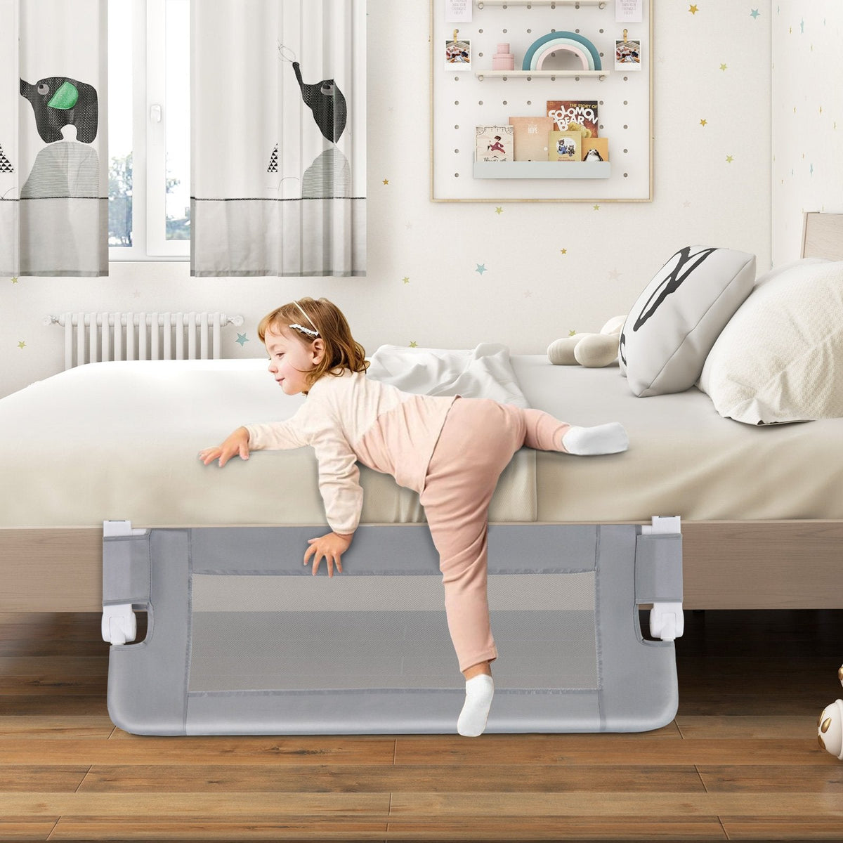 Foldable Toddler Bed Rail with Removable Oxford Cover-Grey