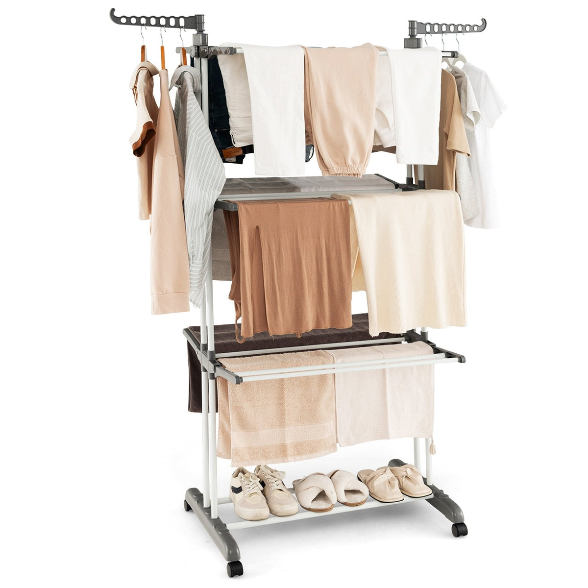 4-Tier Foldable Airer Clothes Drying Rack with Wings and Casters-Blue