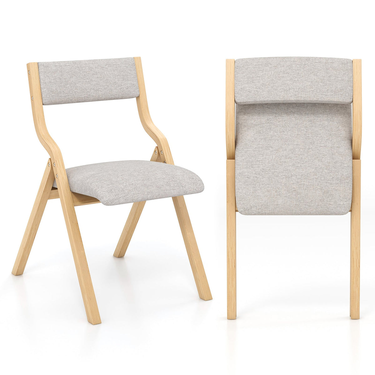 Folding Dining Chair Set of 2 with Solid Wood Frame and Padded Seat-Beige