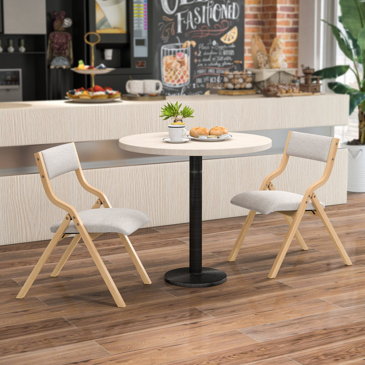 Folding Dining Chair Set of 2 with Solid Wood Frame and Padded Seat-Beige