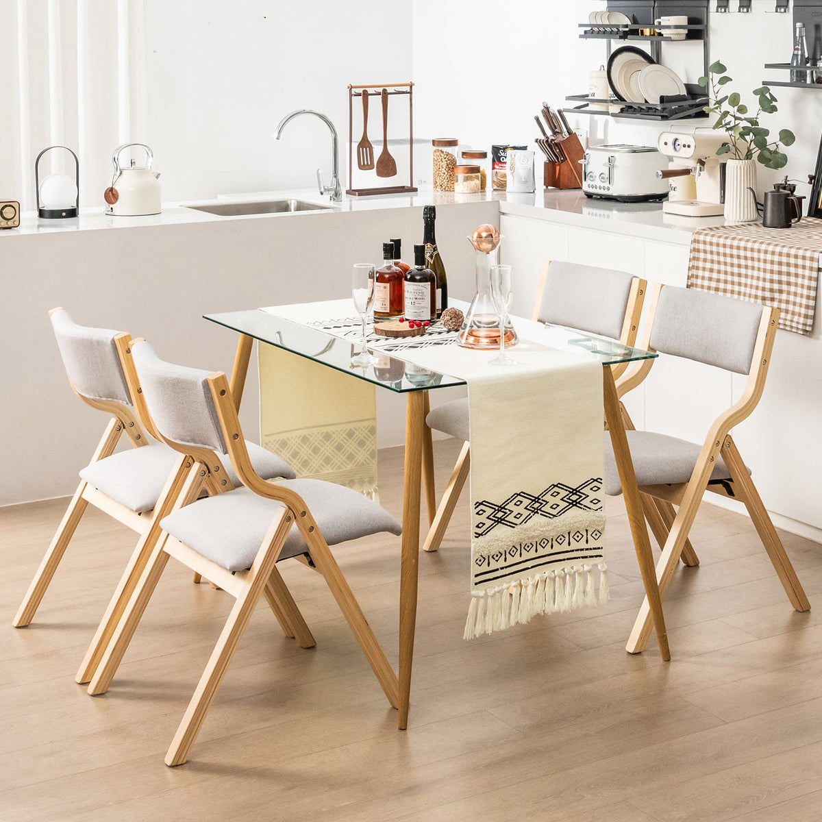 Folding Dining Chair Set of 2 with Solid Wood Frame and Padded Seat-Beige