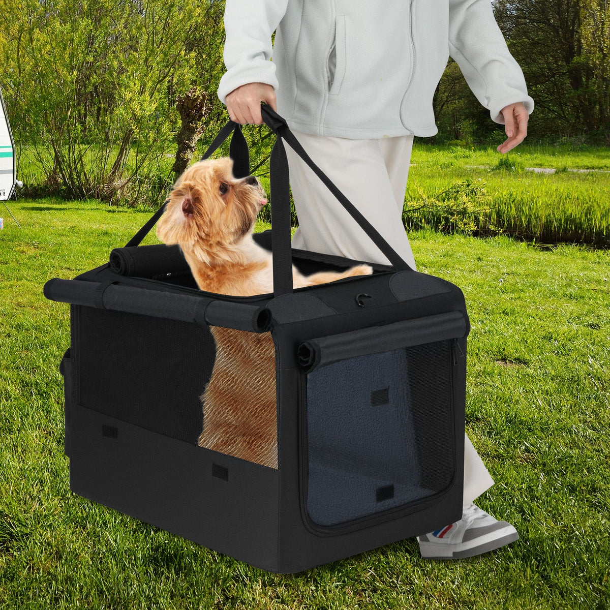 Foldable Dog Crate with Openings and Window Mesh Inner Basket-M
