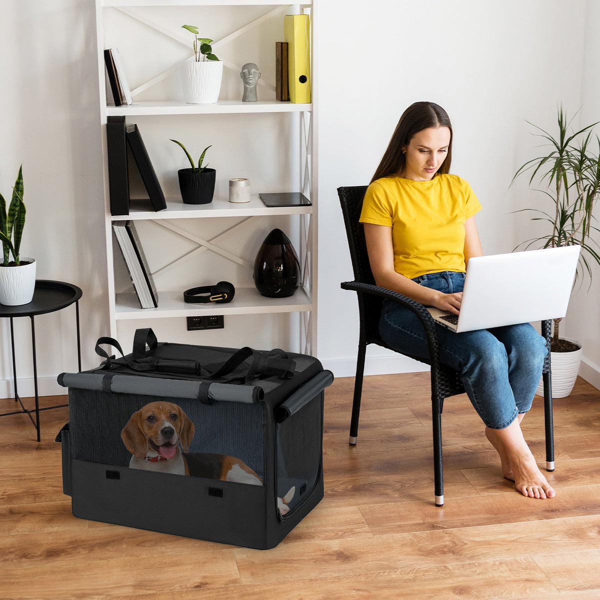 Foldable Dog Crate with Openings and Window Mesh Inner Basket-M