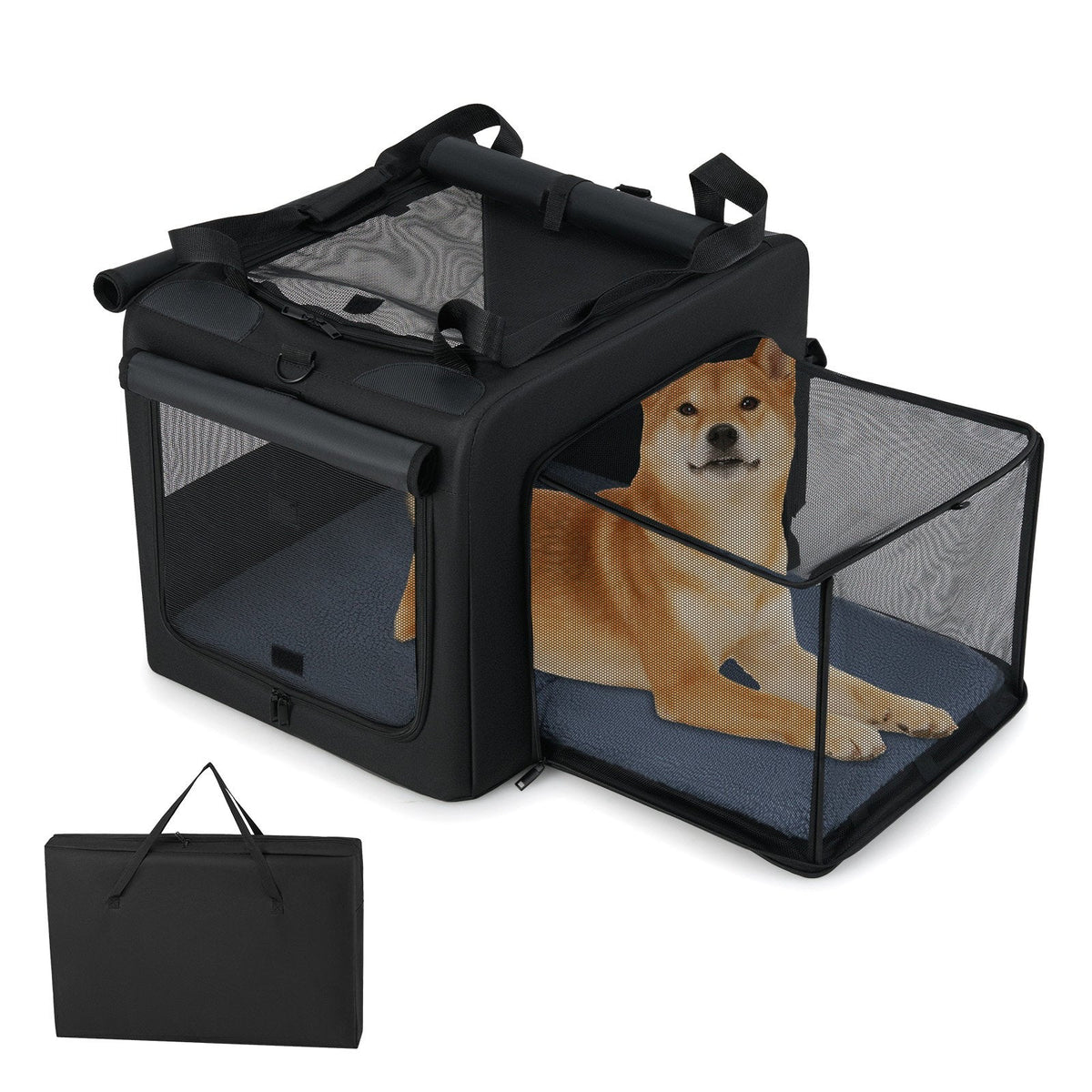 Foldable Dog Crate with Openings and Window Mesh Inner Basket-M