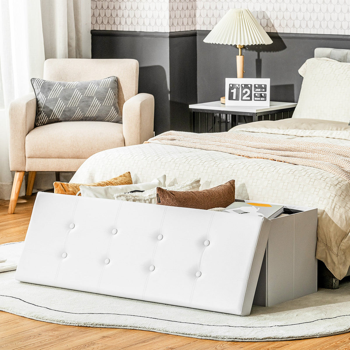 Folding Storage Ottoman Bench with Lid for Living Room-Black
