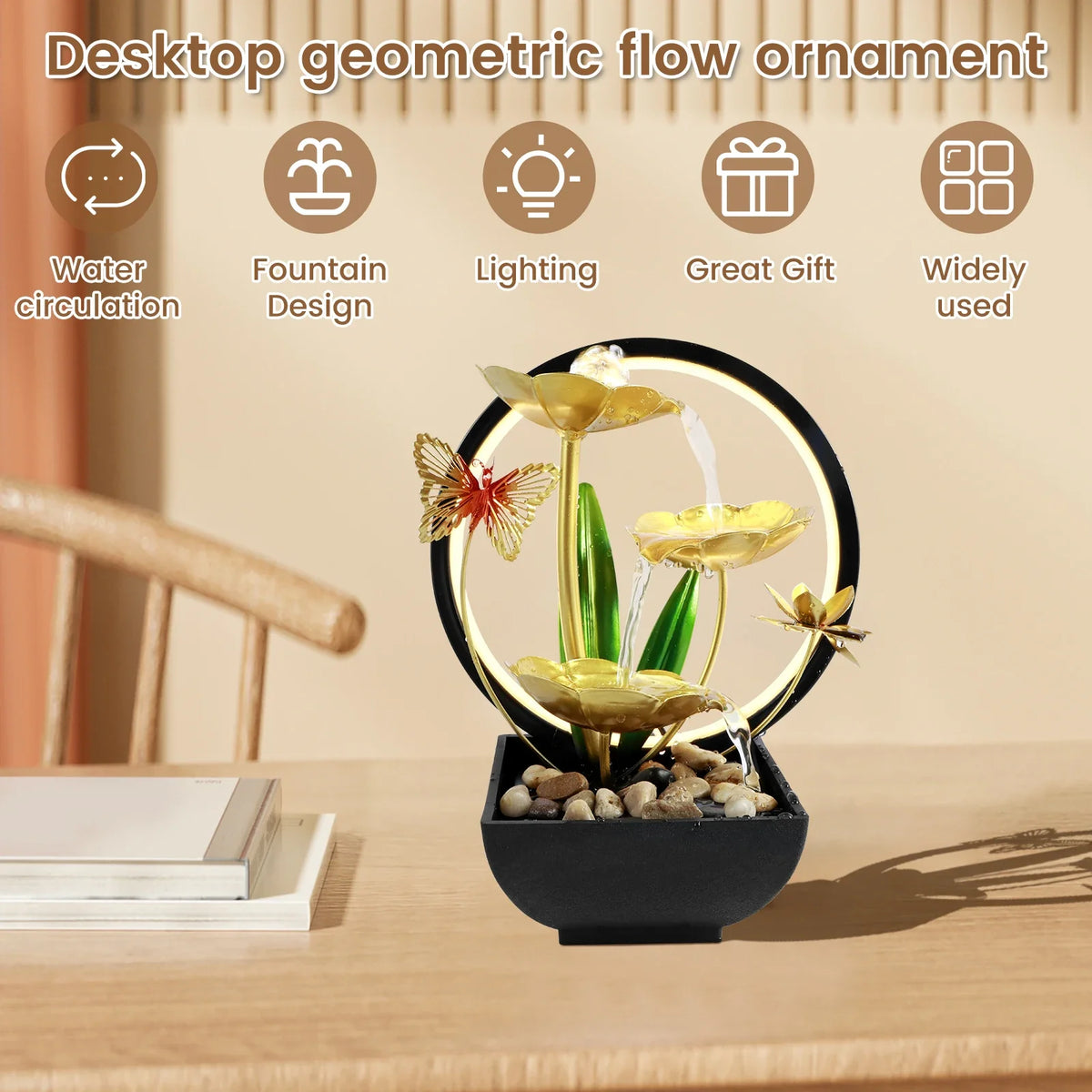 Fountain Ornament with LED Ring Light - USB Powered Natural Rock Desktop Waterfall for Home & Office Relaxation