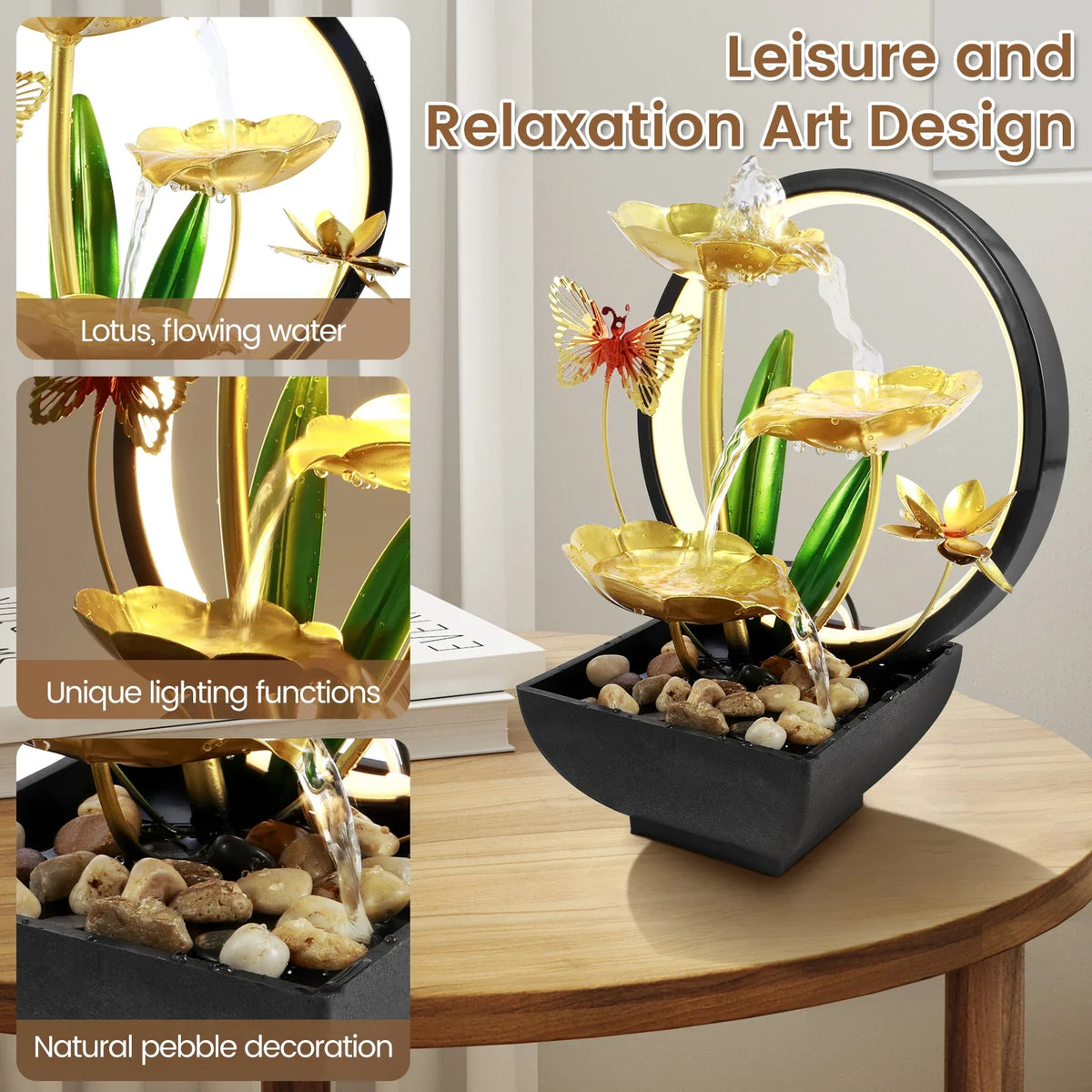 Fountain Ornament with LED Ring Light - USB Powered Natural Rock Desktop Waterfall for Home & Office Relaxation