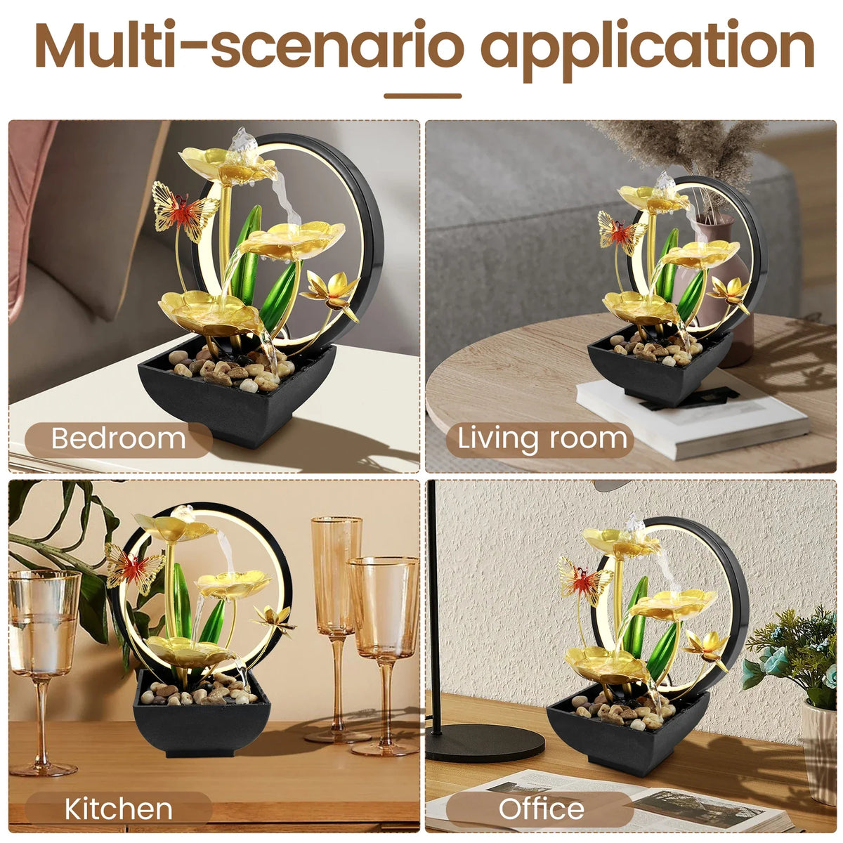 Fountain Ornament with LED Ring Light - USB Powered Natural Rock Desktop Waterfall for Home & Office Relaxation