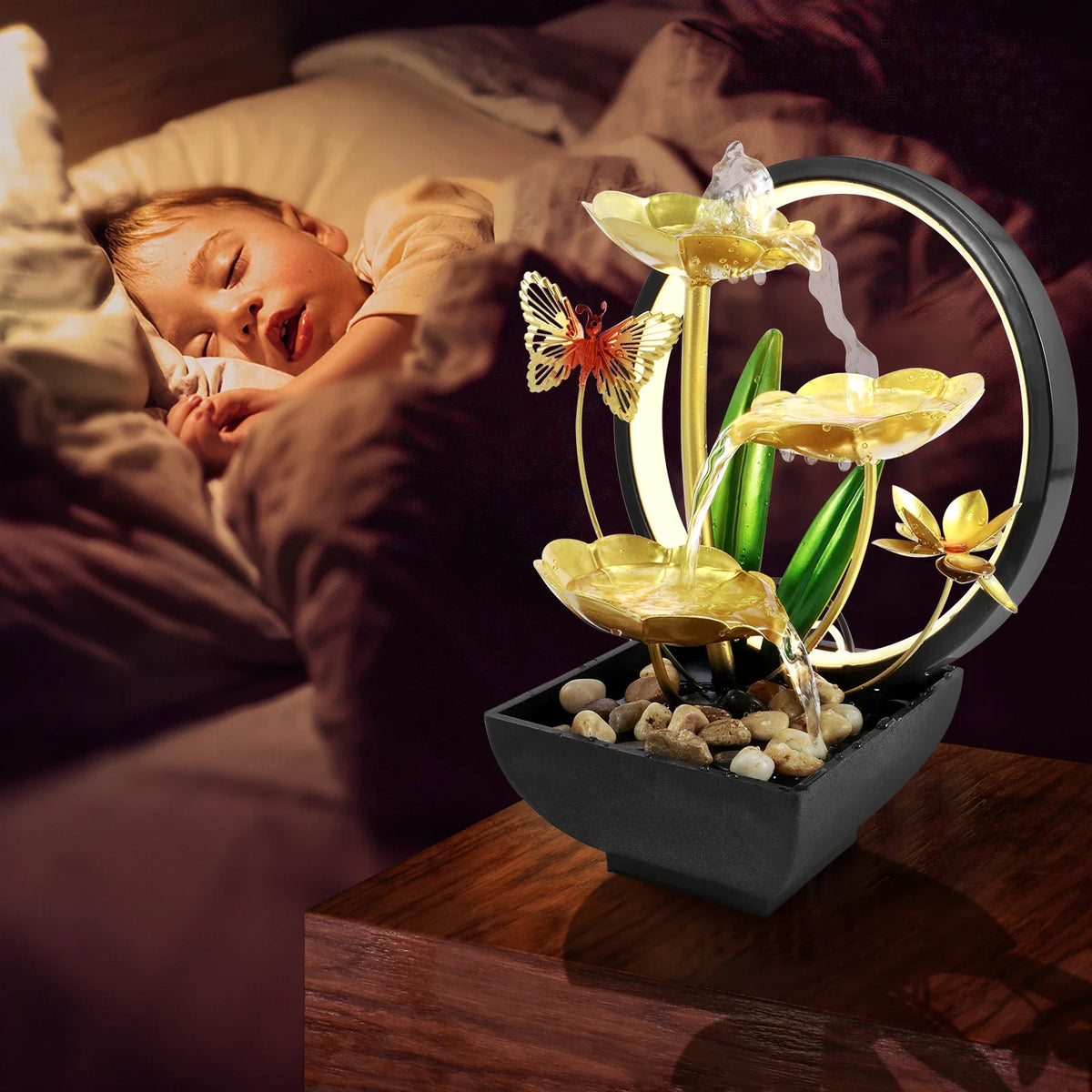 Fountain Ornament with LED Ring Light - USB Powered Natural Rock Desktop Waterfall for Home & Office Relaxation