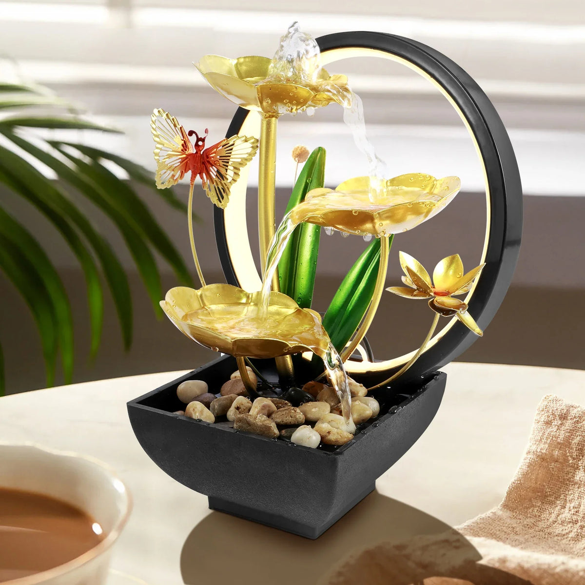 Fountain Ornament with LED Ring Light - USB Powered Natural Rock Desktop Waterfall for Home & Office Relaxation
