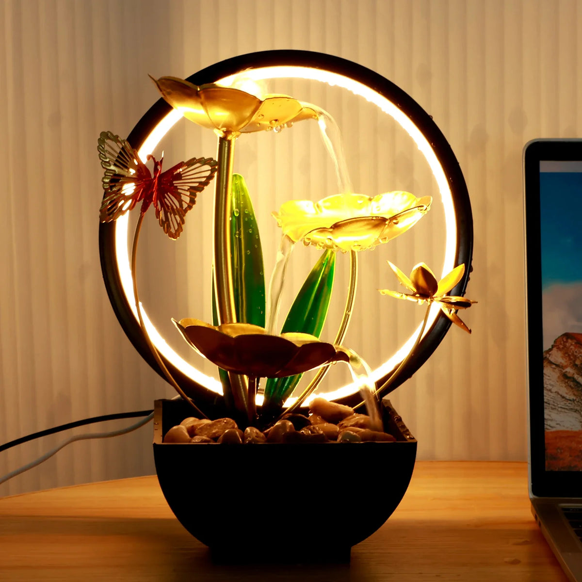 Fountain Ornament with LED Ring Light - USB Powered Natural Rock Desktop Waterfall for Home & Office Relaxation