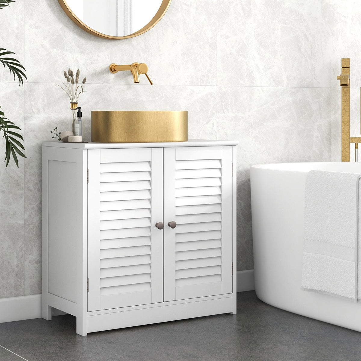 Freestanding Bathroom Vanity Cabinet with 2 Shutter Doors and U-Shape Cut-Out-White