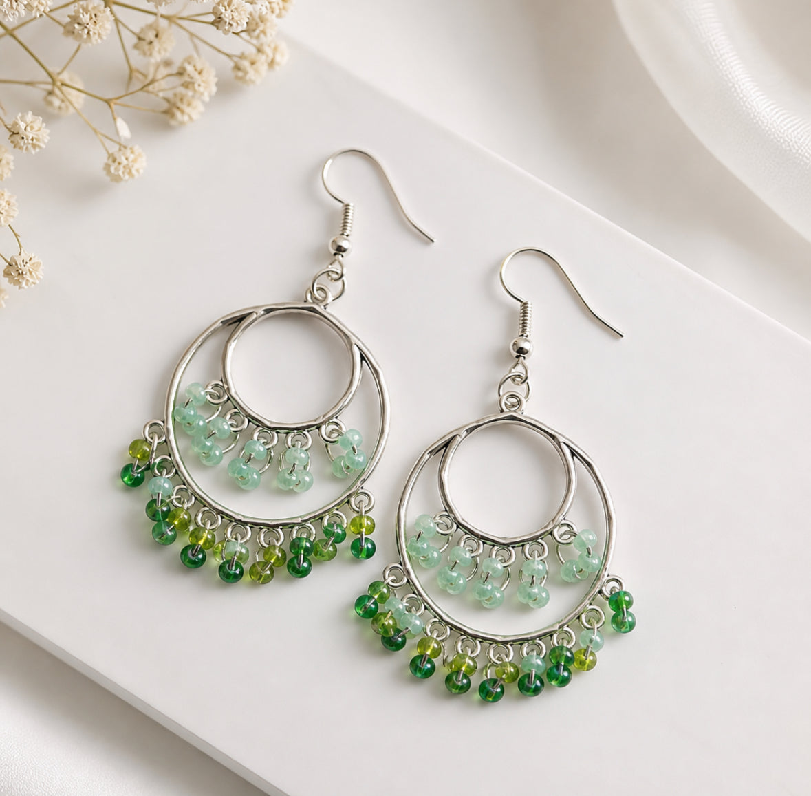 Emerald Mist Beaded Hoop Earrings