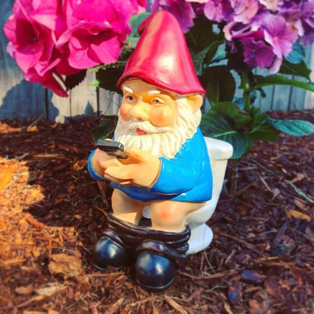Funny Garden Gnome Statue - Naughty Miniature Gnome on Toilet Using Phone - Outdoor Garden Ornament