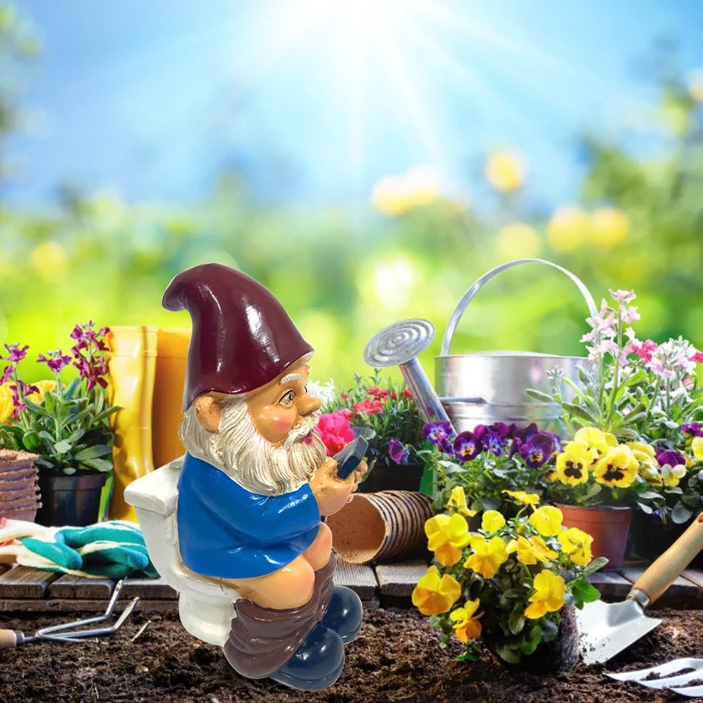 Funny Garden Gnome Statue - Naughty Miniature Gnome on Toilet Using Phone - Outdoor Garden Ornament