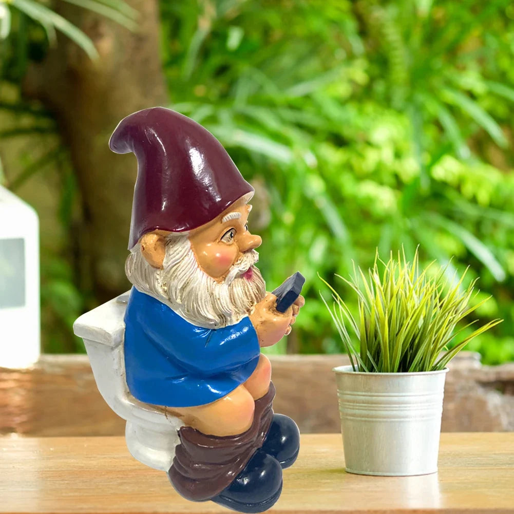 Funny Garden Gnome Statue - Naughty Miniature Gnome on Toilet Using Phone - Outdoor Garden Ornament
