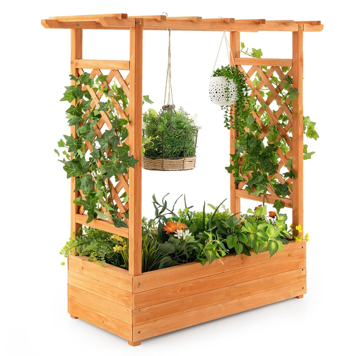 Raised Garden Bed with Arch Trellis-Coffee