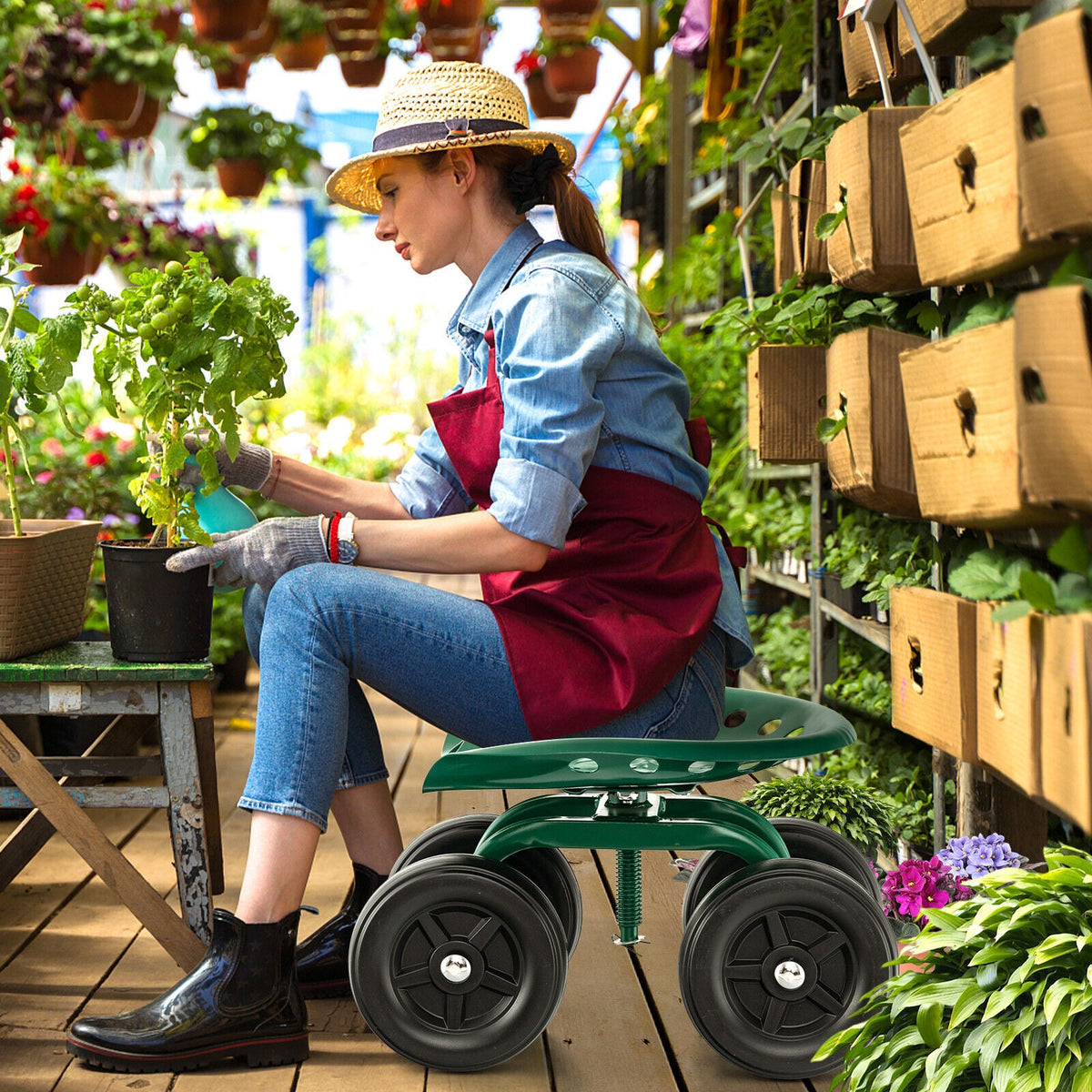 Rolling Garden Workseat with 360°Swivel Seat and Adjustable Height-Blue
