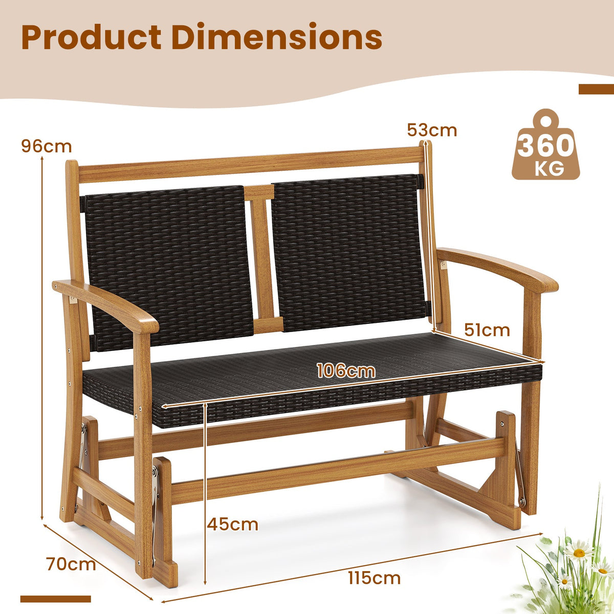 Patio Rattan Glider Bench Swing Gliding Rocker for 2