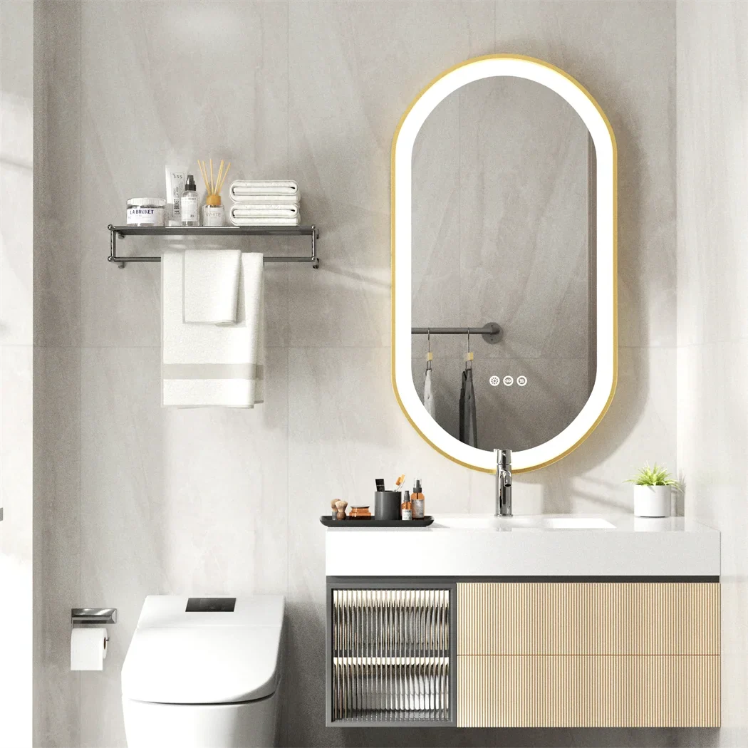 Luxury Oval LED Illuminated Bathroom Mirror Gold Frame Demister Touch Control