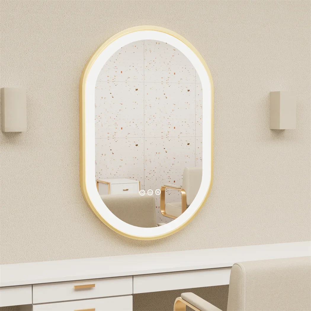 Luxury Oval LED Illuminated Bathroom Mirror Gold Frame Demister Touch Control