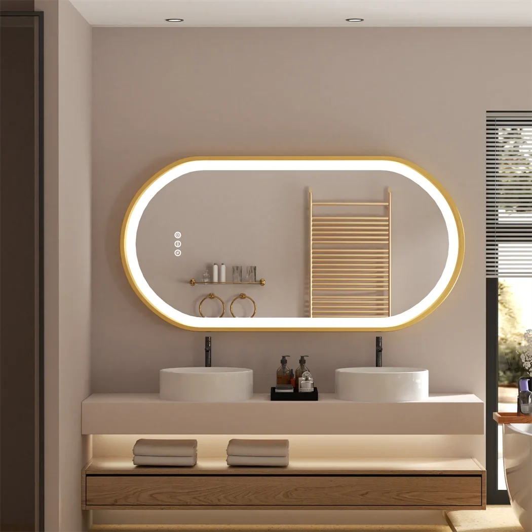 Luxury Oval LED Illuminated Bathroom Mirror Gold Frame Demister Touch Control