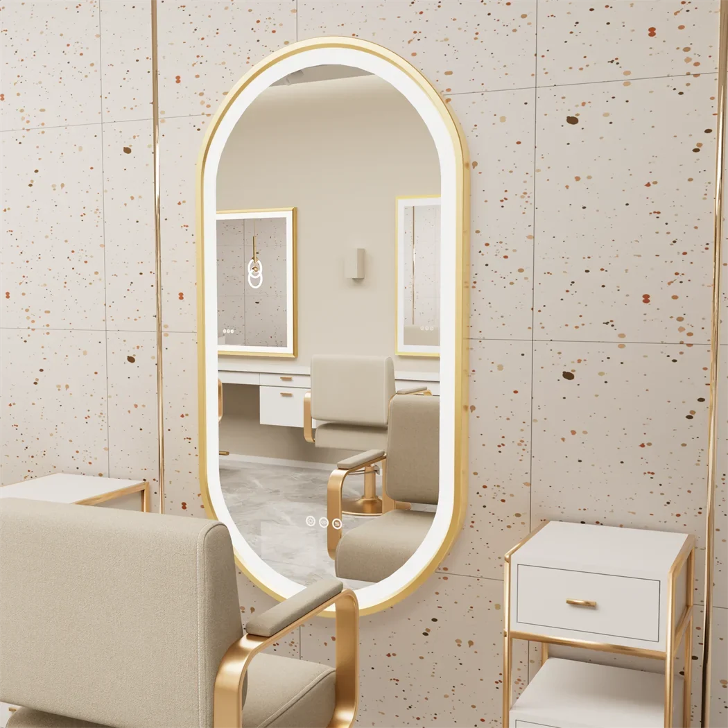 Luxury Oval LED Illuminated Bathroom Mirror Gold Frame Demister Touch Control