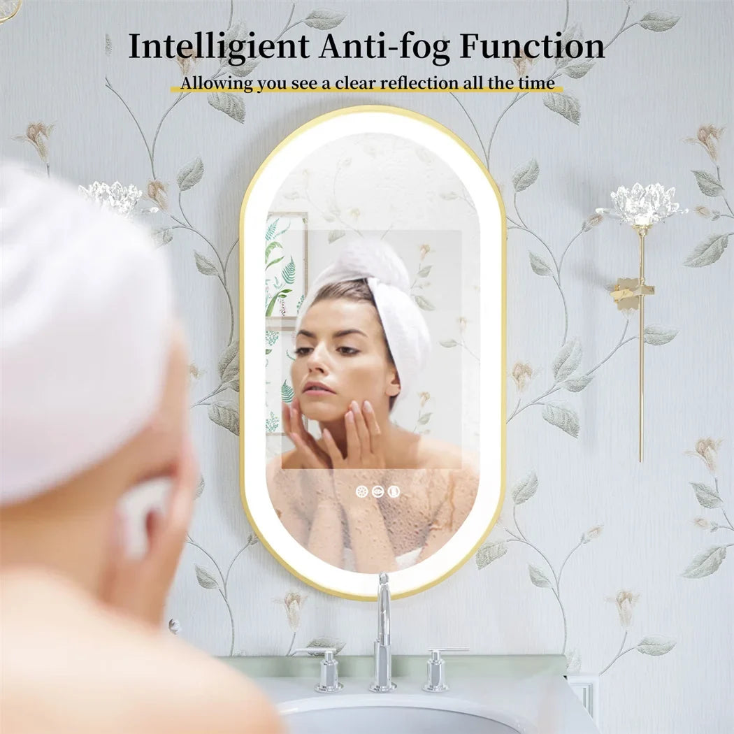 Luxury Oval LED Illuminated Bathroom Mirror Gold Frame Demister Touch Control