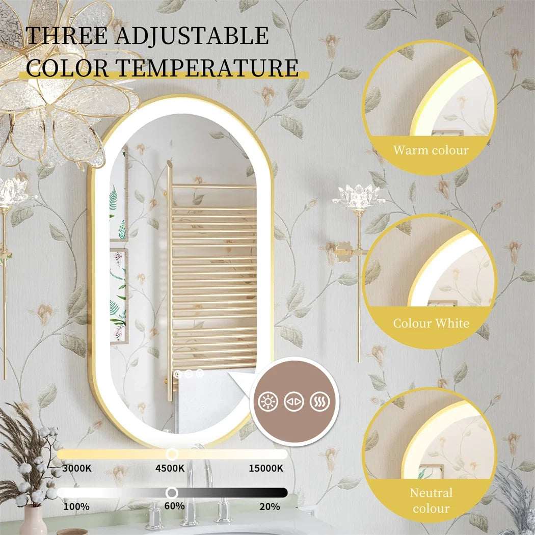 Luxury Oval LED Illuminated Bathroom Mirror Gold Frame Demister Touch Control