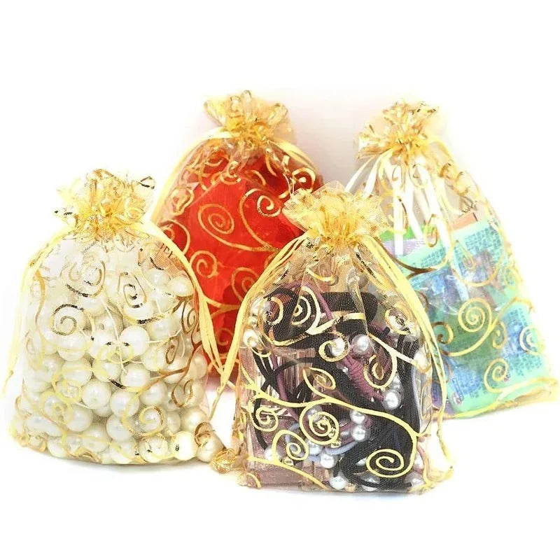 100 Gold Party Gift Bags Mesh Drawstring Jewellery Sweet Pouch Weddings Birthday