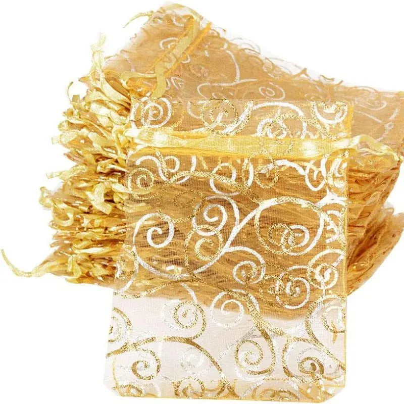 100 Gold Party Gift Bags Mesh Drawstring Jewellery Sweet Pouch Weddings Birthday