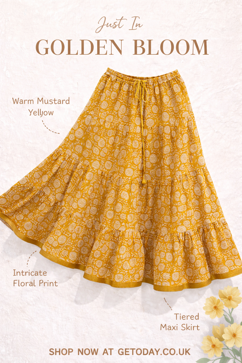 Blackfever Mustard Yellow Floral Tiered Cotton Maxi Skirt – Free Size