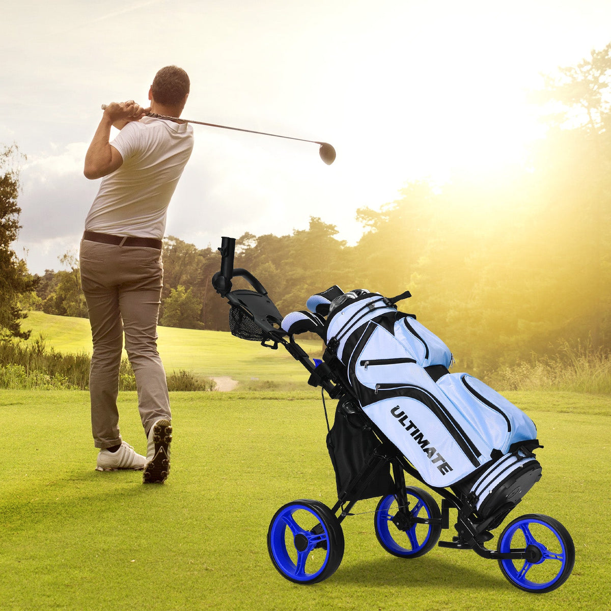 Golf Push Pull Cart with Storage Bag and Foot Brake-Blue