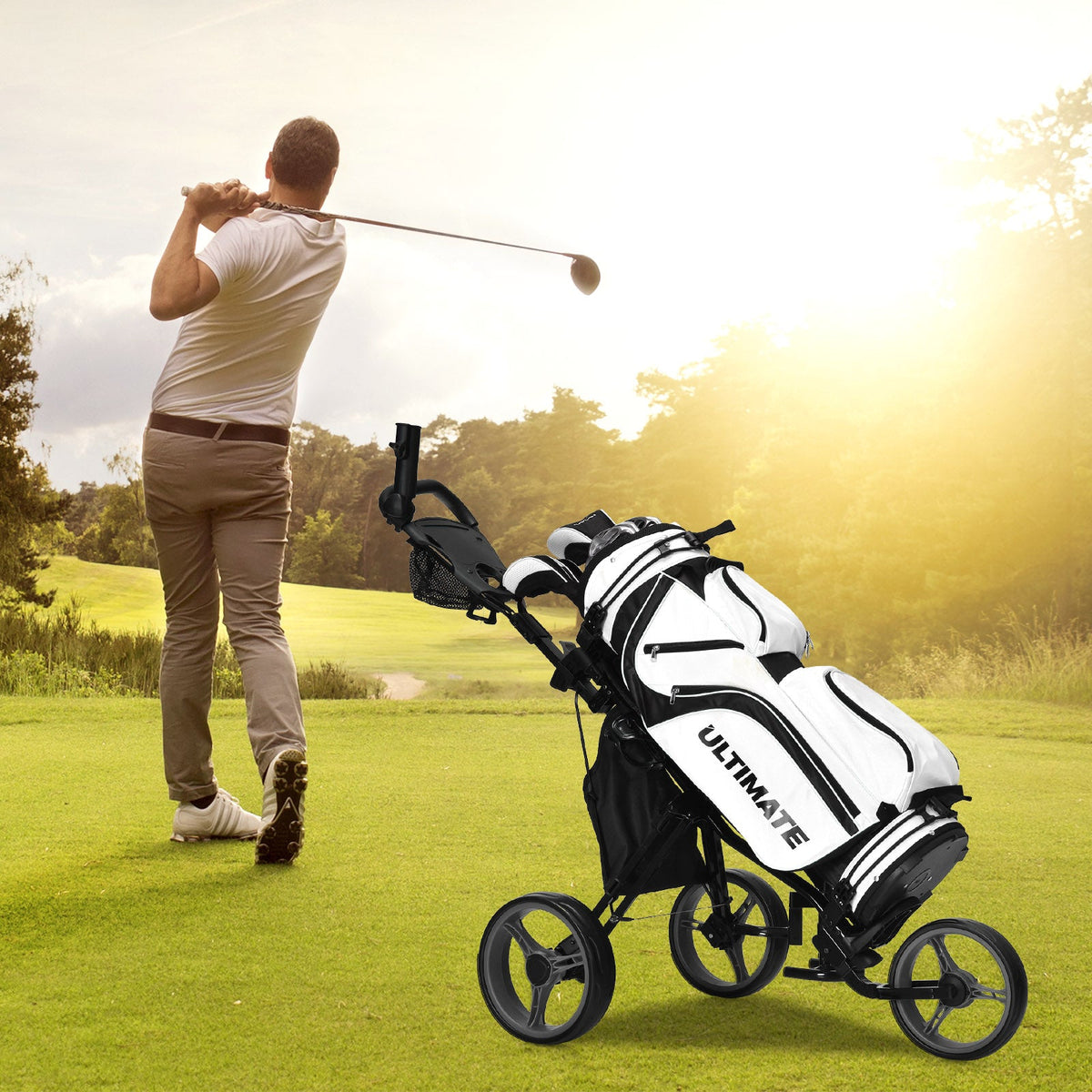 Golf Push Pull Cart with Storage Bag and Foot Brake-Blue