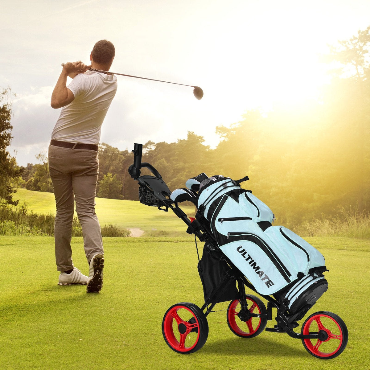 Golf Push Pull Cart with Storage Bag and Foot Brake-Blue