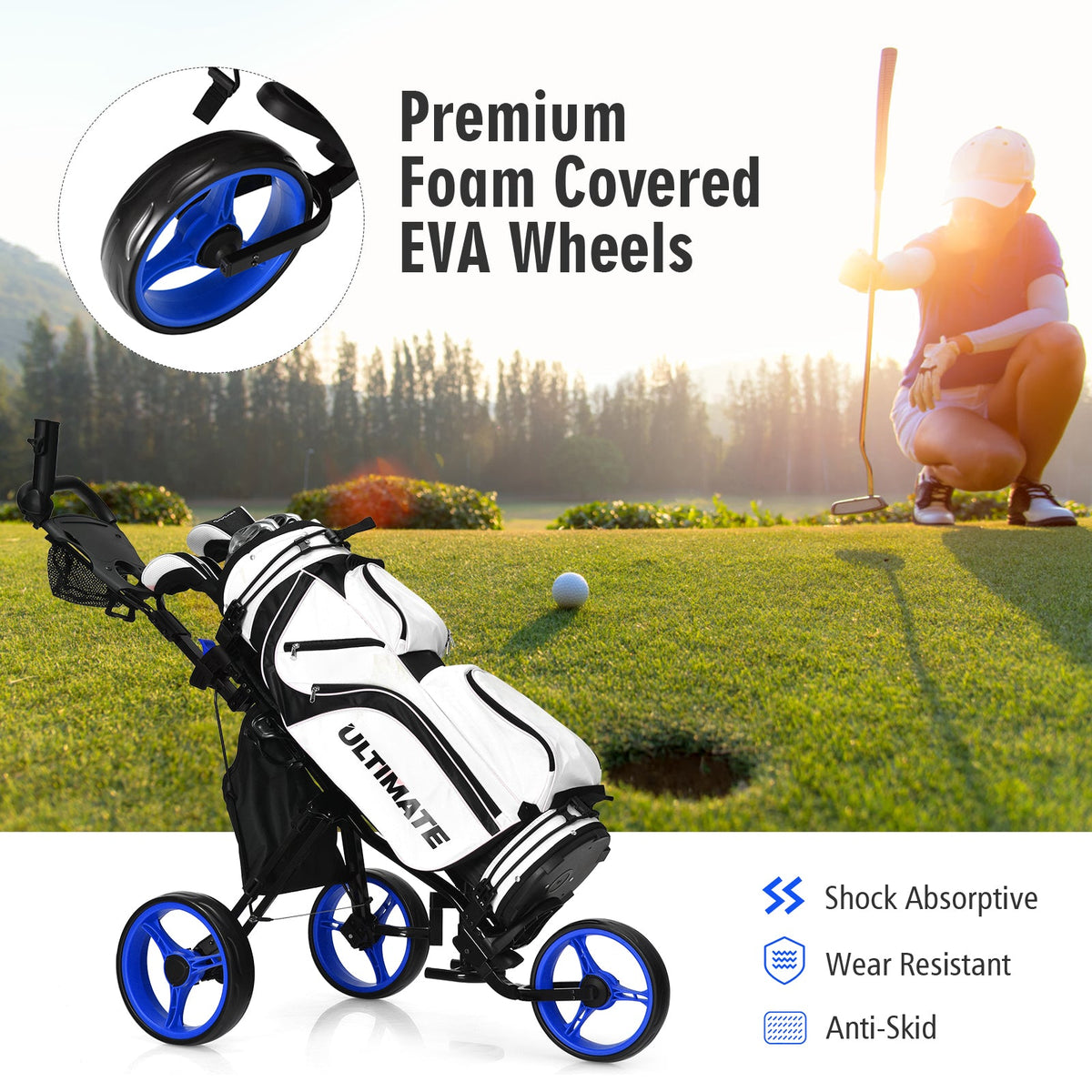 Golf Push Pull Cart with Storage Bag and Foot Brake-Blue