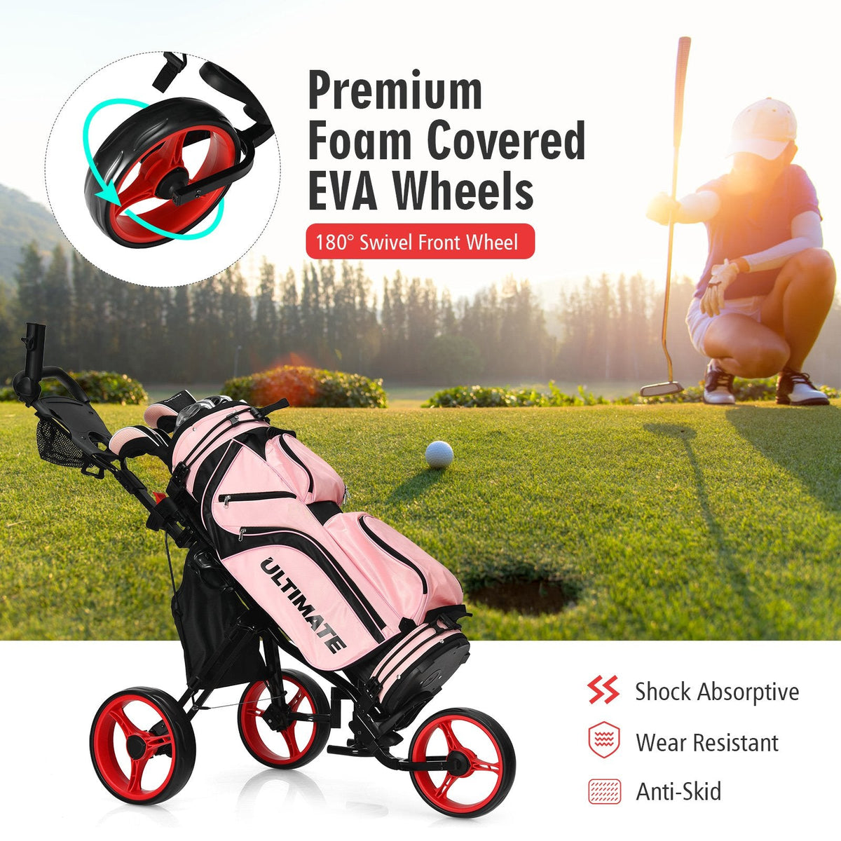 Golf Push Pull Cart with Storage Bag and Foot Brake-Blue