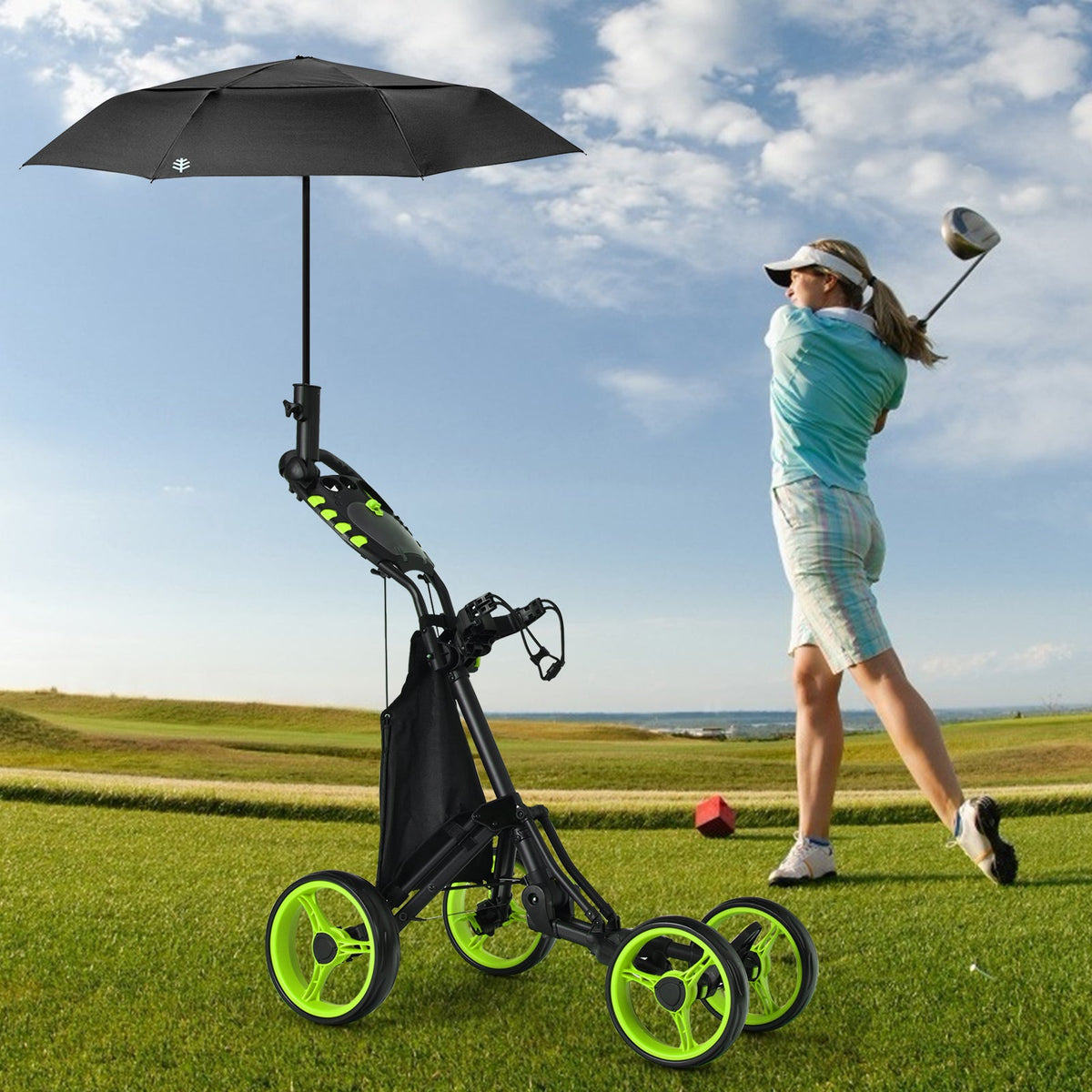 Golf Push Pull Cart with Waterproof Bag and Foot Brake-Blue