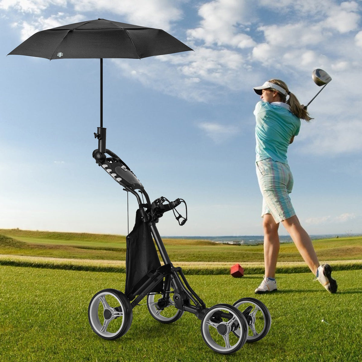 Golf Push Pull Cart with Waterproof Bag and Foot Brake-Blue