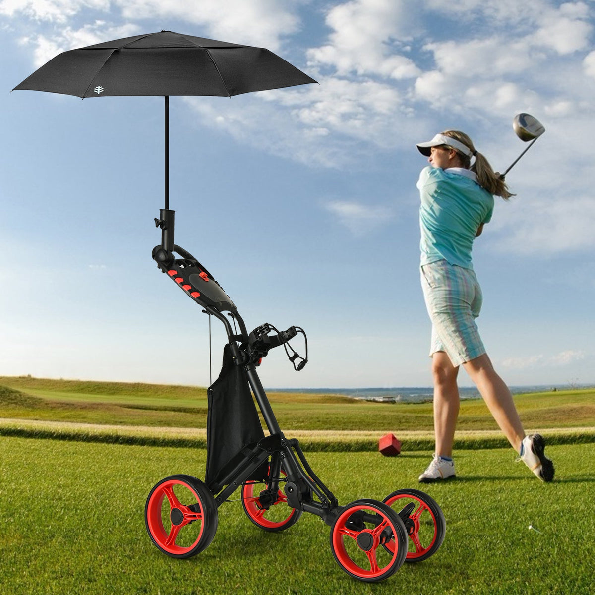 Golf Push Pull Cart with Waterproof Bag and Foot Brake-Blue