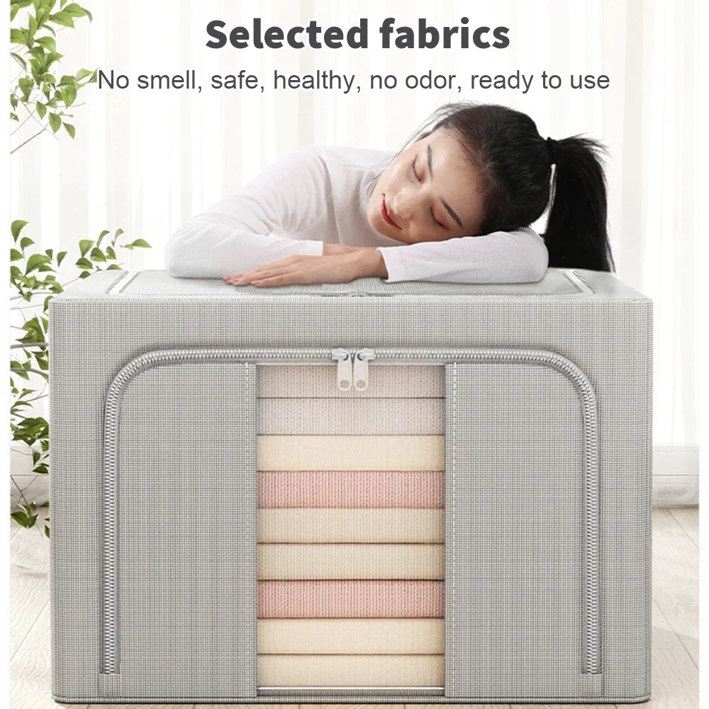 Grey 66L Extra Large Storage Box Set with Steel Frame Fabric Boxes Collapsible