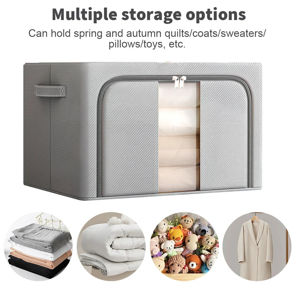 Grey 66L Extra Large Storage Box Set with Steel Frame Fabric Boxes Collapsible