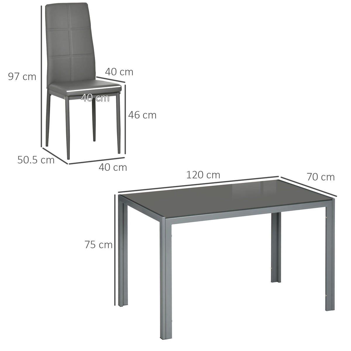 5 Piece Dining Table Set Glass Top Table & 4 Faux Leather Chairs Steel Grey Home