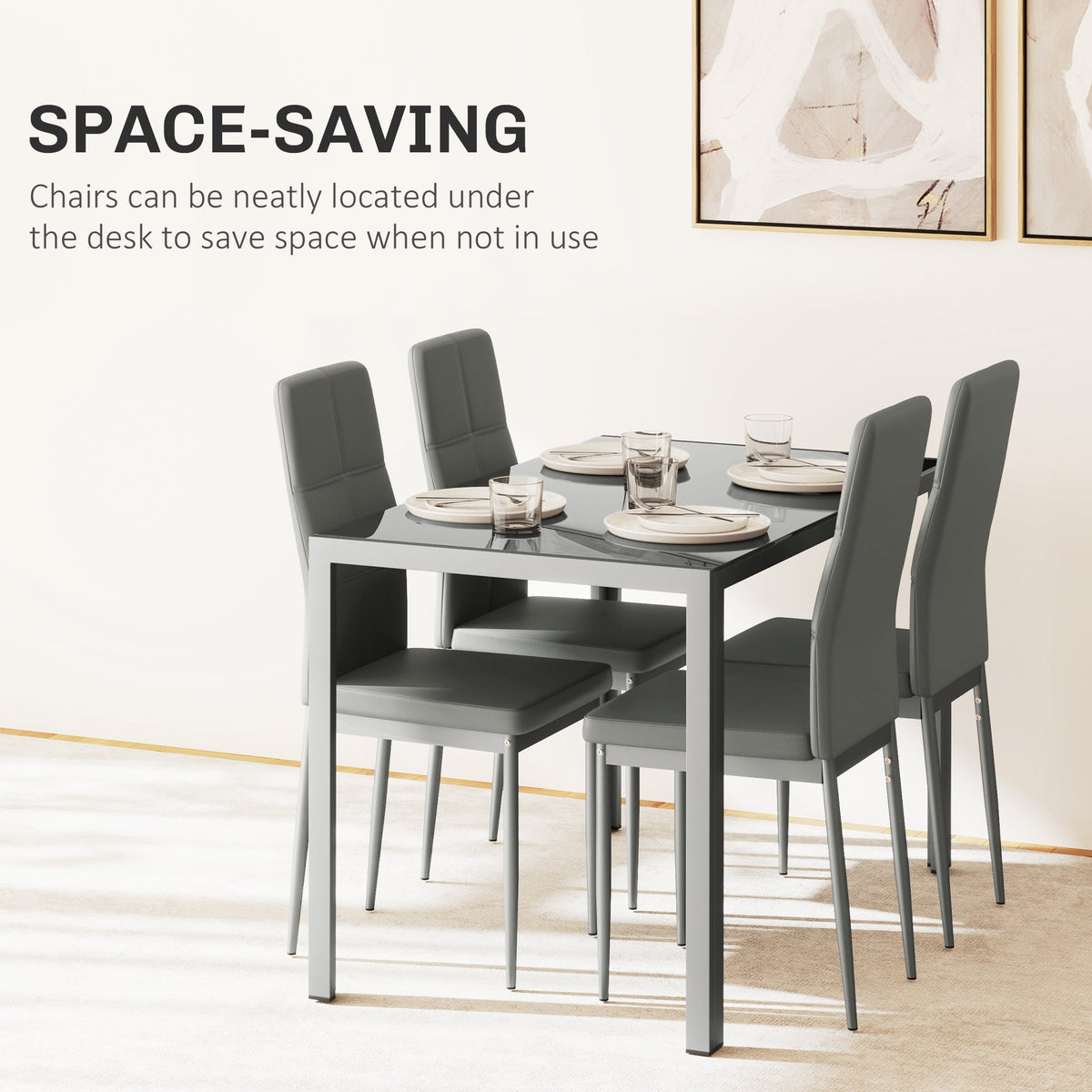 5 Piece Dining Table Set Glass Top Table & 4 Faux Leather Chairs Steel Grey Home